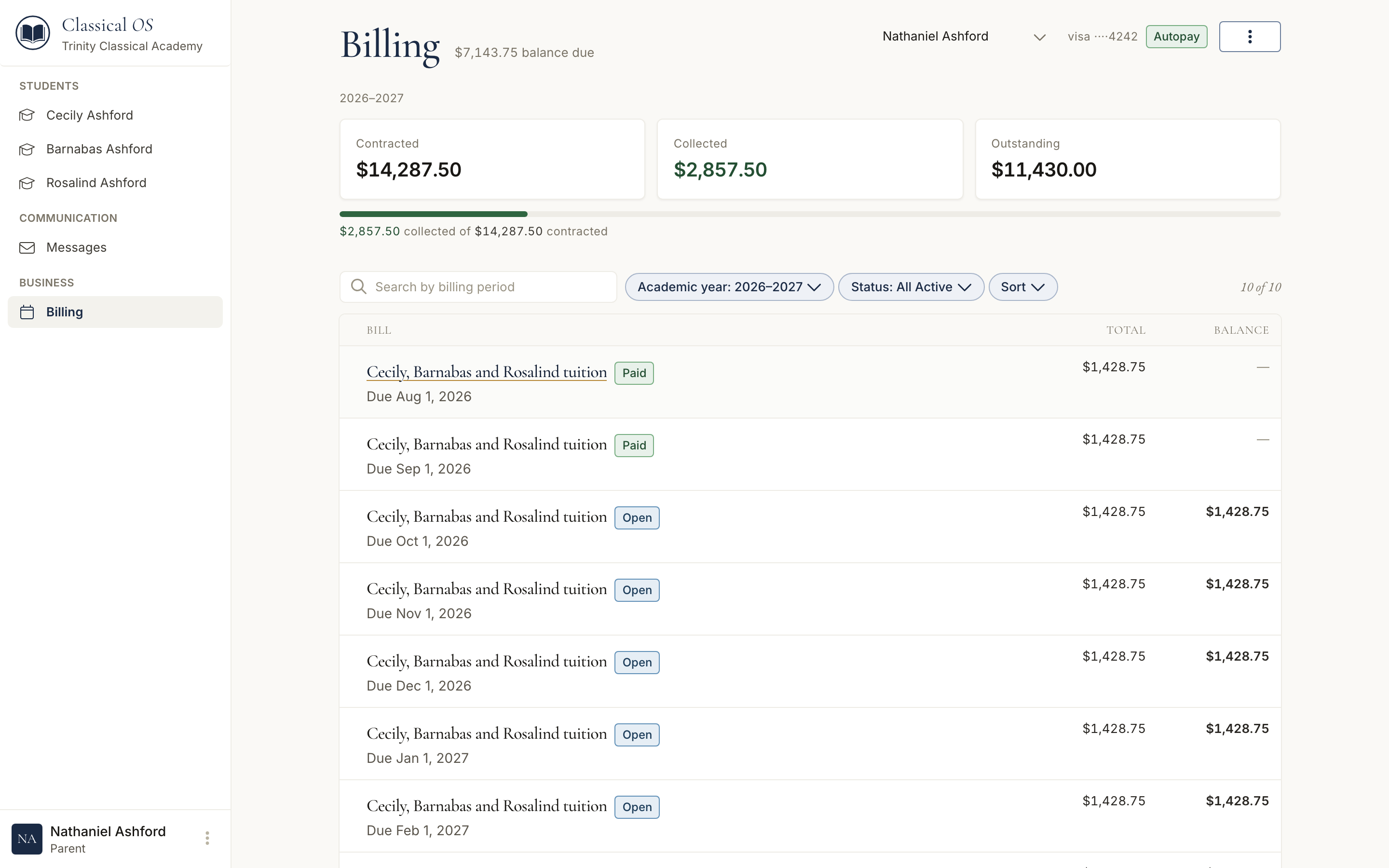 The parent’s Billing page for the same family: balance due, bills, autopay on, and Pay online.
