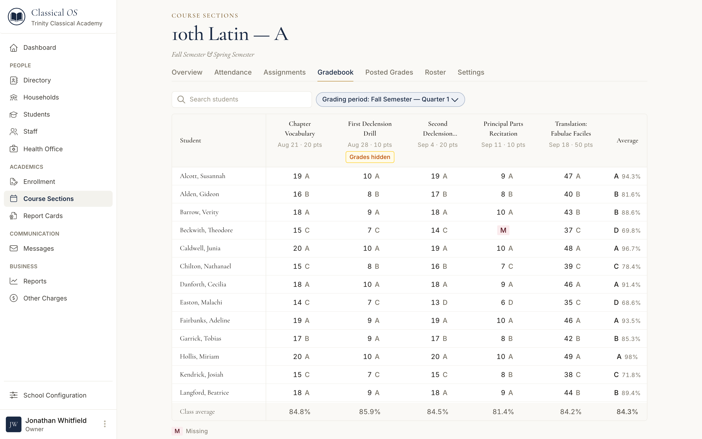 The 10th Latin section on its Gradebook tab, with the Overview, Attendance, Assignments, Gradebook, Posted Grades, Roster, and Settings tabs visible.
