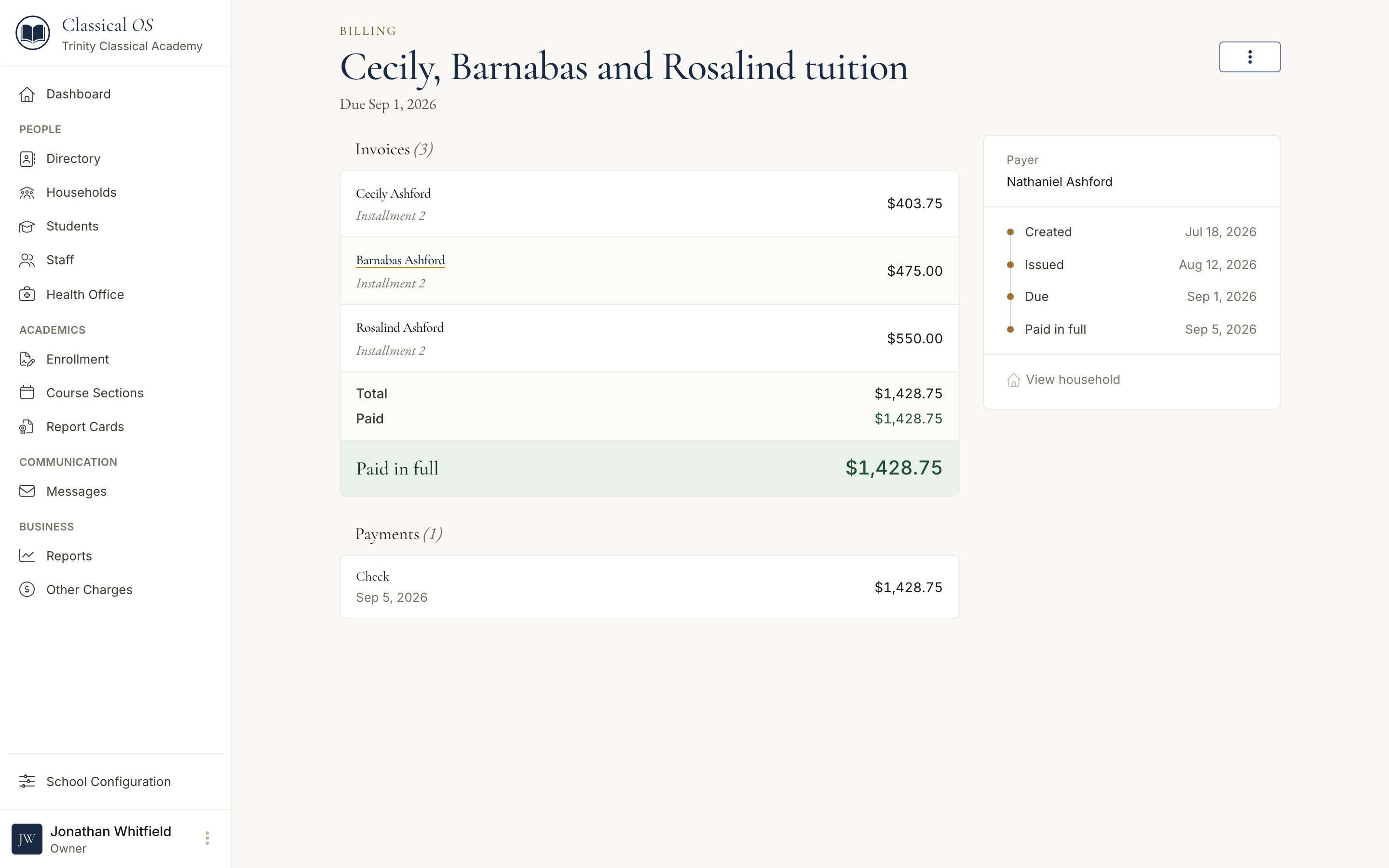 The staff view of one consolidated bill: an installment line for each of three children, the payments recorded against it, and the balance.