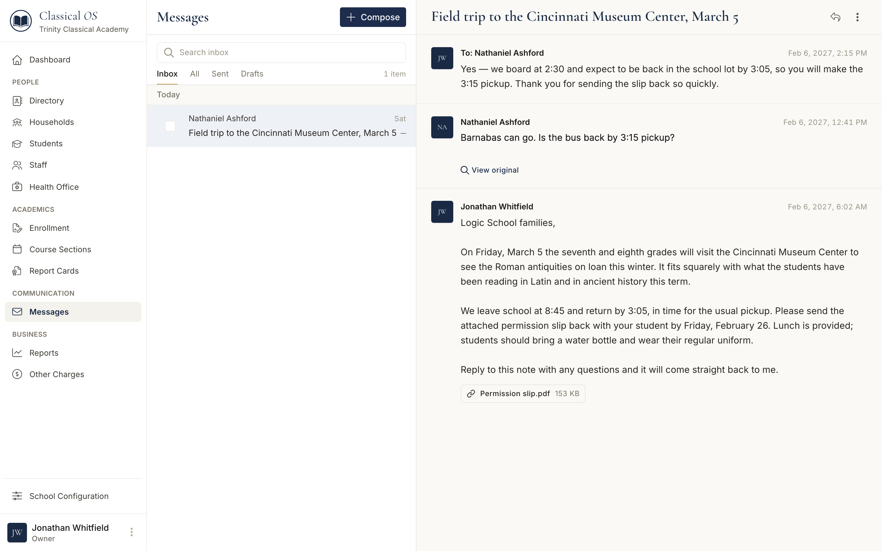 The private conversation between a parent and the message’s author, with the parent’s emailed reply shown in its email frame.